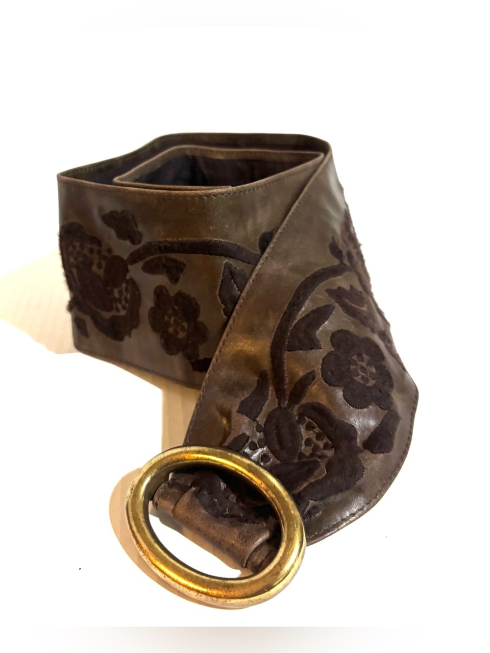 Vintage Wide Floral Embossed Brown Leather Belt with Brass Ring buckle
